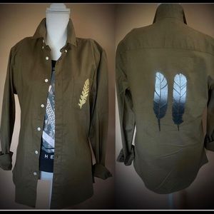 New Shacket Button Down Shirt jacket Handpainted Feathers Olive